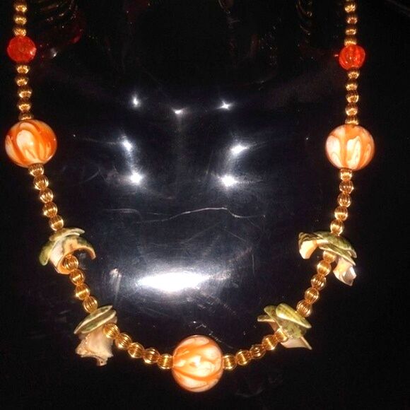Fashion Costume Necklace Orange Green Gold Beads Shells Jewelry Beachy Artisan - Picture 2 of 5